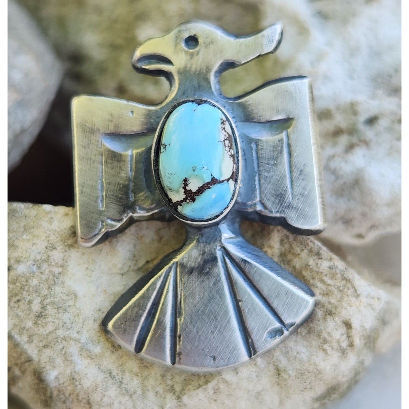 Chimney Butte Golden Hills Turquoise Thunderbird / Phoenix Ring Sz 6.75